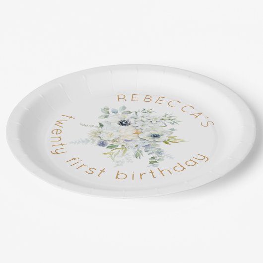 Assiettes En Carton Boho White Florals Nom 21e anniversaire (Angle)