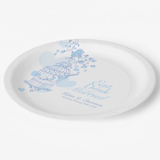 Assiettes En Carton Boire à manger personnalisé bleu oiseaux cage mari (Angle)