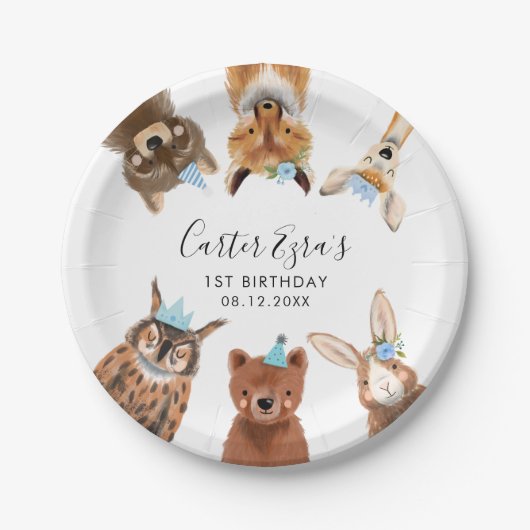 Assiettes En Carton Bois Animaux Blue Anniversaire (Devant)
