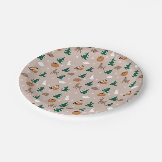 Assiettes En Carton Bois Animaux Neige Arbres couverts Motif (Angle)