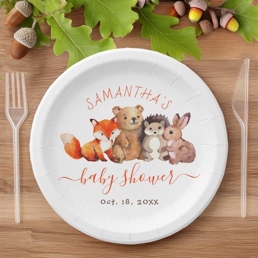 Assiettes En Carton Bois Baby shower Forêt mite Animal Rouge Script