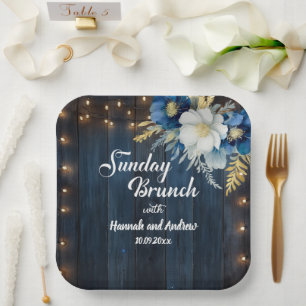 Assiettes En Carton Bois bleu rustique Blanc Floral Dimanche Brunch