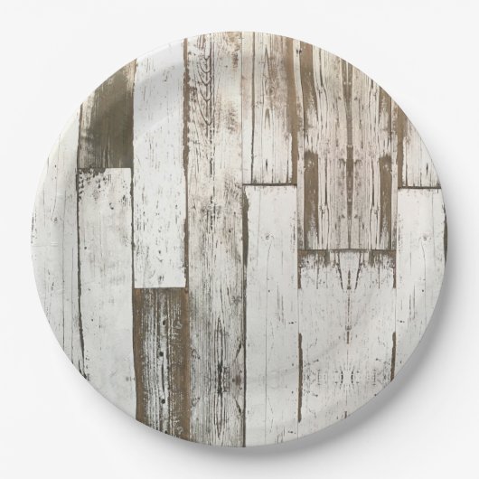 Assiettes En Carton Bois de grange blanc à veinage rustique, fête west (Devant)