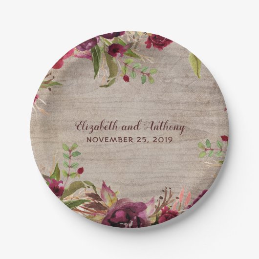 Assiettes En Carton Bois et fleurs bourguignonnes Mariage rustique (Devant)