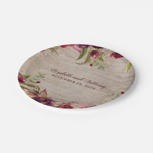 Assiettes En Carton Bois et fleurs bourguignonnes Mariage rustique (Angle)