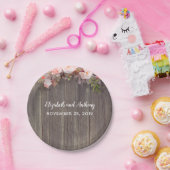 Assiettes En Carton Bois et fleurs roses Mariage rustique (Fête)