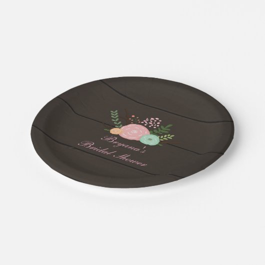 Assiettes En Carton Bois foncé & Plaques de papier chic floral rustiqu (Angle)