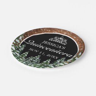 Assiettes En Carton Bois neigeux noir et pin forestier Tiara Quinceañe