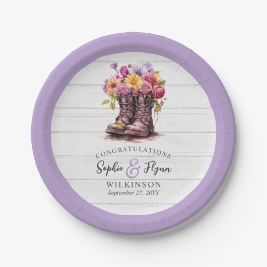 Assiettes En Carton Bois rustique & Bottes Florales Mariage de ferme (Devant)