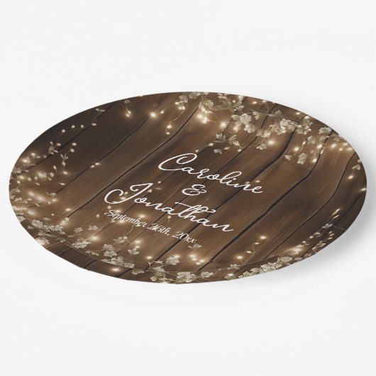 Assiettes En Carton Bois Rustique Chaîne éclaire Blanc Floral Mariage (Angle)