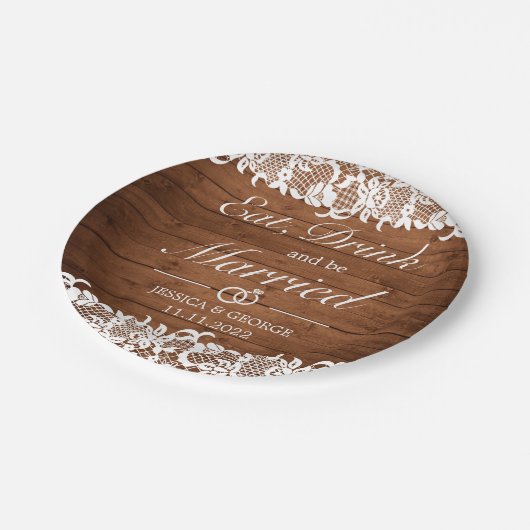Assiettes En Carton Bois rustique & dentelle blanche Manger Boire Mari (Angle)
