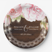 Assiettes En Carton Bois rustique Lumières Rose Mariage personnalisé (Devant)