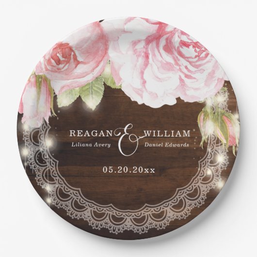 Assiettes En Carton Bois rustique Lumières Rose Mariage personnalisé (Devant)