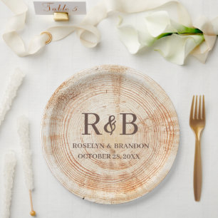 Assiettes En Carton Bois Rustique Mariage Personnalisé Noms Monogramme