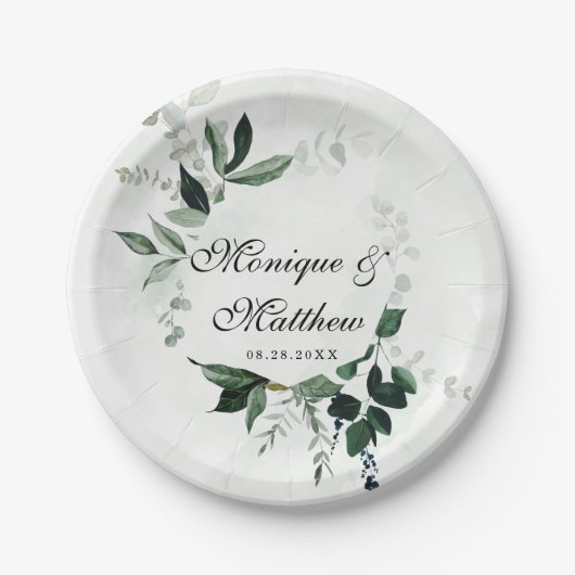 Assiettes En Carton Bois rustique verte Mariage Eucalyptus (Devant)