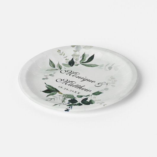 Assiettes En Carton Bois rustique verte Mariage Eucalyptus (Angle)