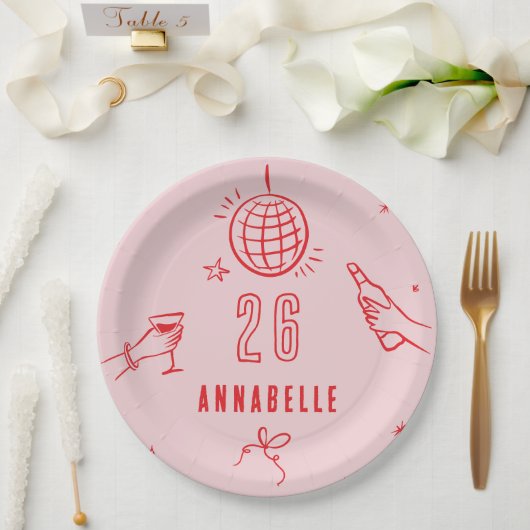 Assiettes En Carton boisson d'anniversaire rose dessinée à la main (Mariage)