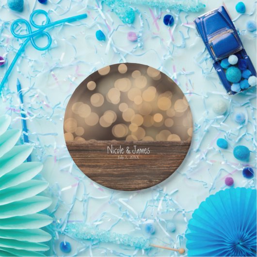 Assiettes En Carton Bokeh Lights & Wood Rustic Sparkle Mariage (Fête)