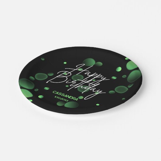 Assiettes En Carton Bokeh vert moderne dégradé noir Joyeux anniversair (Angle)