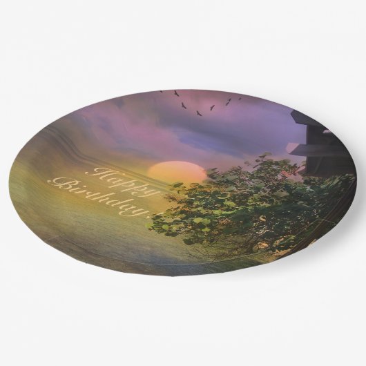 Assiettes En Carton Bon Anniversaire Coucher de soleil tropical (Angle)