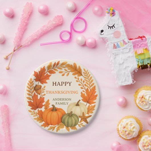 Assiettes En Carton Bon thanksgiving citrouille chute feuillage beige (Fête)