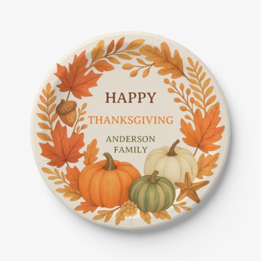 Assiettes En Carton Bon thanksgiving citrouille chute feuillage beige (Devant)