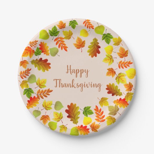 Assiettes En Carton Bon thanksgiving Feuilles d'automne sur le beige (Devant)