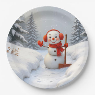 Assiettes En Carton Bonhomme de neige amical avec une pelle rouge