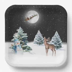 Assiettes En Carton Bonhomme de neige avec cerf et traîneau du Père No