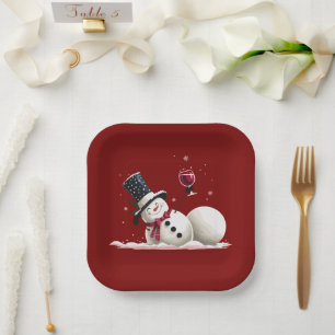 Assiettes En Carton Bonhomme de neige avec vin cadeau de Noël vacances