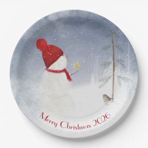 Assiettes En Carton bonhomme de neige de Noël avec étoile d'or