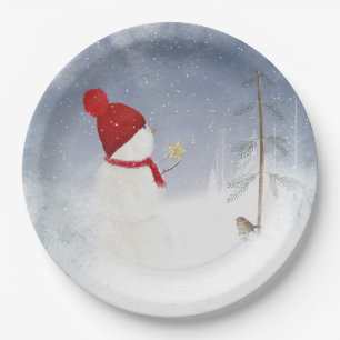 Assiettes En Carton bonhomme de neige de Noël avec étoile d'or