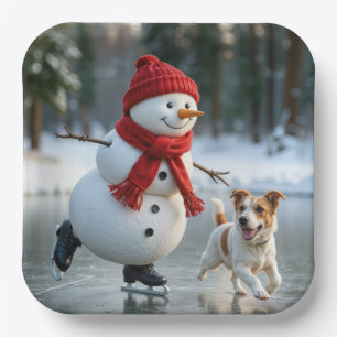 Assiettes En Carton Bonhomme de neige de Noël patinant avec un chien