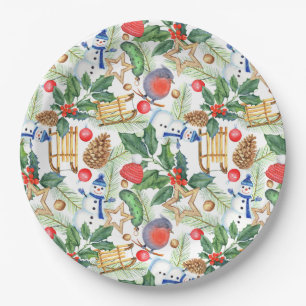 Assiettes En Carton Bonhomme de neige de Noël, pommes de pin, houx, lu
