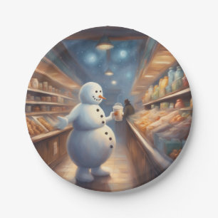 Assiettes En Carton Bonhomme de neige d'hiver faisant des courses avec