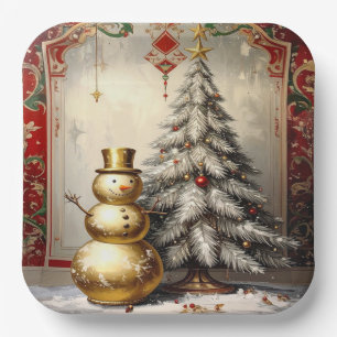 Assiettes En Carton Bonhomme de neige en or Arbre de Noël Fêtes