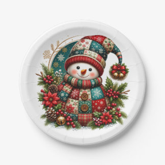 Assiettes En Carton Bonhomme de neige en patchwork de Noël