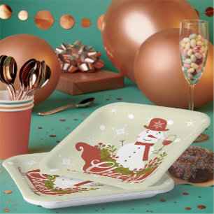Assiettes En Carton Bonhomme de neige qui trinque au vin et traîneau f