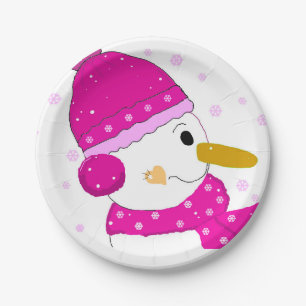 Assiettes En Carton Bonhomme de neige rose