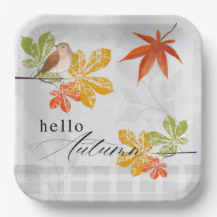 Assiettes En Carton Bonjour automne avec les feuilles d'oiseaux et d'a