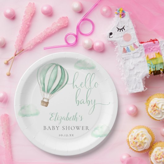 Assiettes En Carton Bonjour Baby Hot Air Balloon Baby shower neutre (Fête)