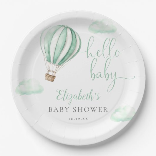 Assiettes En Carton Bonjour Baby Hot Air Balloon Baby shower neutre (Devant)