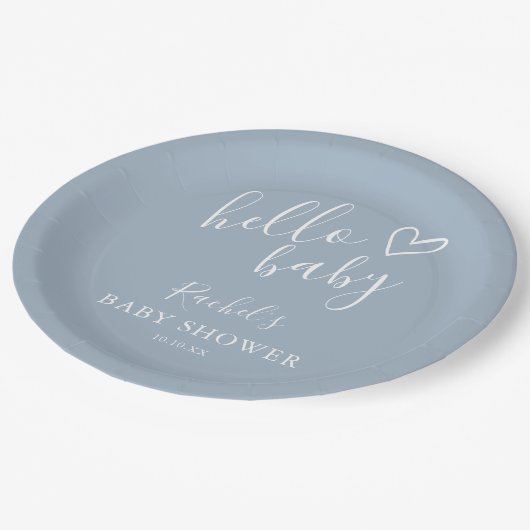 Assiettes En Carton Bonjour Baby shower Bébé Garçon Dusty Bleu mignon  (Angle)