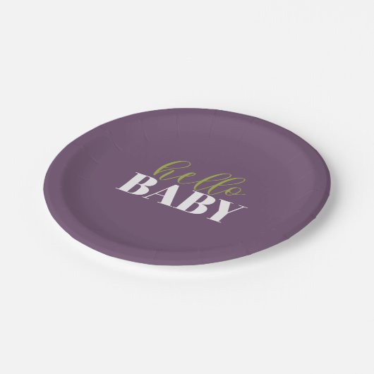 Assiettes En Carton Bonjour bébé | Baby shower pourpre et vert (Angle)