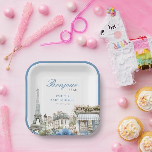 Assiettes En Carton Bonjour Bebe French Blue Baby Shower (Fête)