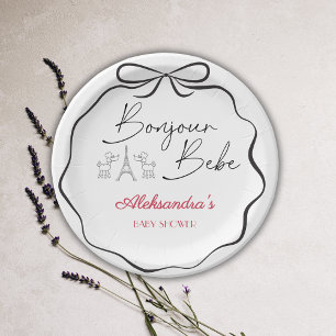 Assiettes En Carton Bonjour Bebe Paris Baby shower Français Rose Noir