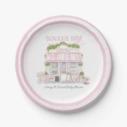 Assiettes En Carton Bonjour Bebe Rose Café Parisien Baby Girl Douche (Devant)
