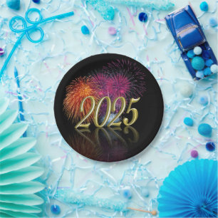 Assiettes En Carton Bonne année 2025 Gold Fireworks