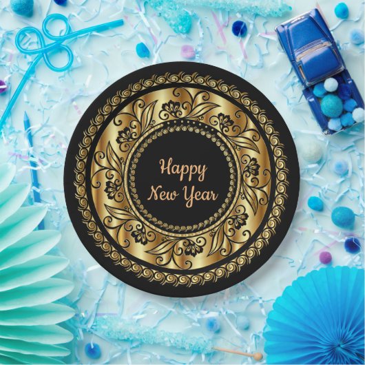 Assiettes En Carton Bonne année, élégant noir et or, (Fête)