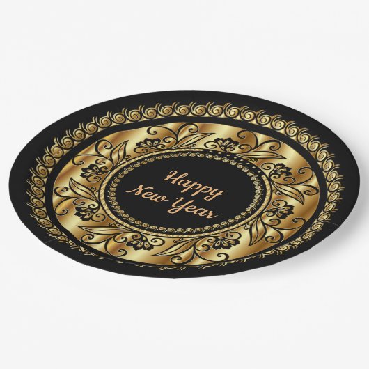 Assiettes En Carton Bonne année, élégant noir et or, (Angle)